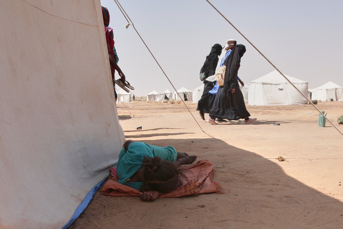 People displaced from North Darfur's capital, el-Fasher and other conflict-affected areas settle in the newly established El-Afadh camp in Al Dabbah, in Sudan's Northern State, Sudan, Thursd ...