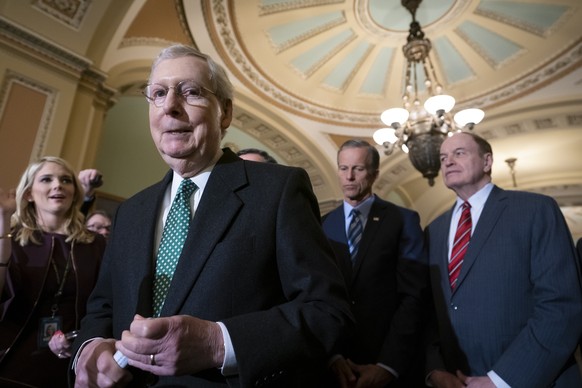 Senate Majority Leader Mitch McConnell, R-Ky., left, joined by Majority Whip John Thune, R-S.D., center, and Sen. Richard Shelby, R-Ala., right, chair of the Senate Appropriations Committee and the to ...
