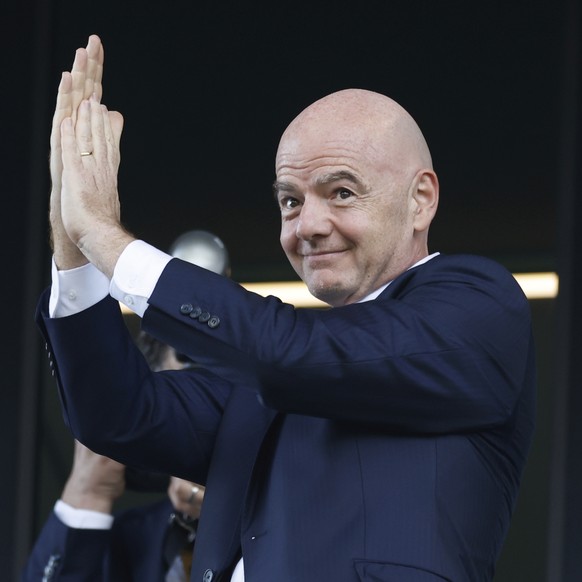 FIFA president Gianni Infantino reacts during the Club World Cup Group C soccer match between Auckland City and Boca Juniors in Nashville, Tenn., Tuesday, June 24, 2025. (AP Photo/Johnnie Izquierdo)
C ...