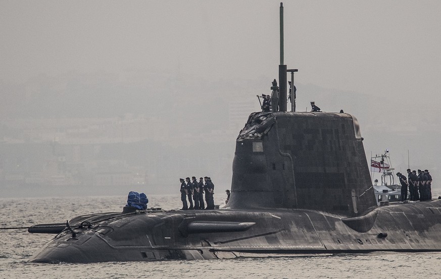 In this Wednesday July 20, 2016, British Royal Navy submarine HMS Ambush&#039;s arrives into the Naval Base at Gibraltar. A British Royal Navy submarine has been forced into port after colliding with  ...