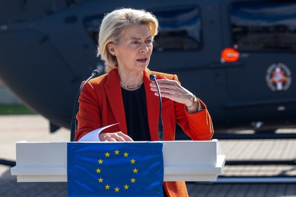 President of European Commission Ursula von der Leyen speaks during a joint press conference with Lithuania&#039;s President Gitanas Nauseda at the Border Guard School near Lithuanian-Belarusian borde ...