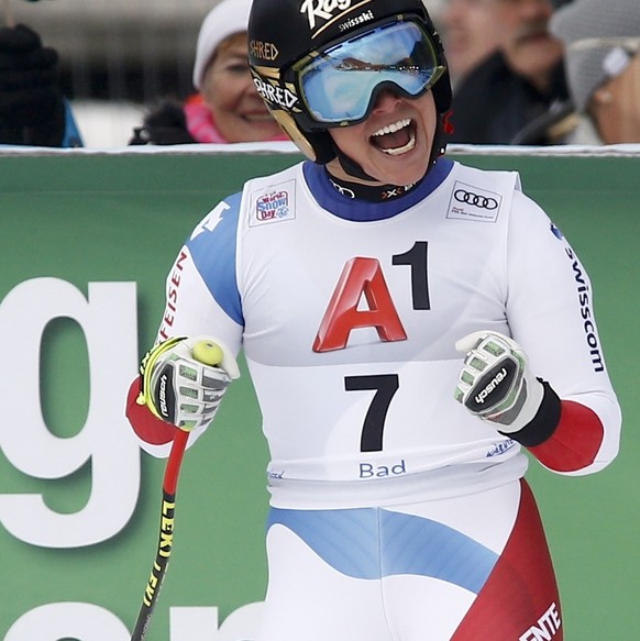 Switzerland&#039;s Lara Gut reacts after completing an alpine ski, women&#039;s World Cup super-G, in Bad Kleinkirchheim, Austria, Saturday, Jan. 13, 2018. (AP Photo/Giovanni Auletta)