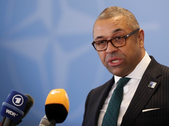 epa10335969 Britain&#039;s Foreign Secretary James Cleverly speaks before the NATO Foreign Ministers Meeting held at Parliament Palace in Bucharest, Romania, 29 November 2022. Foreign Ministers from N ...