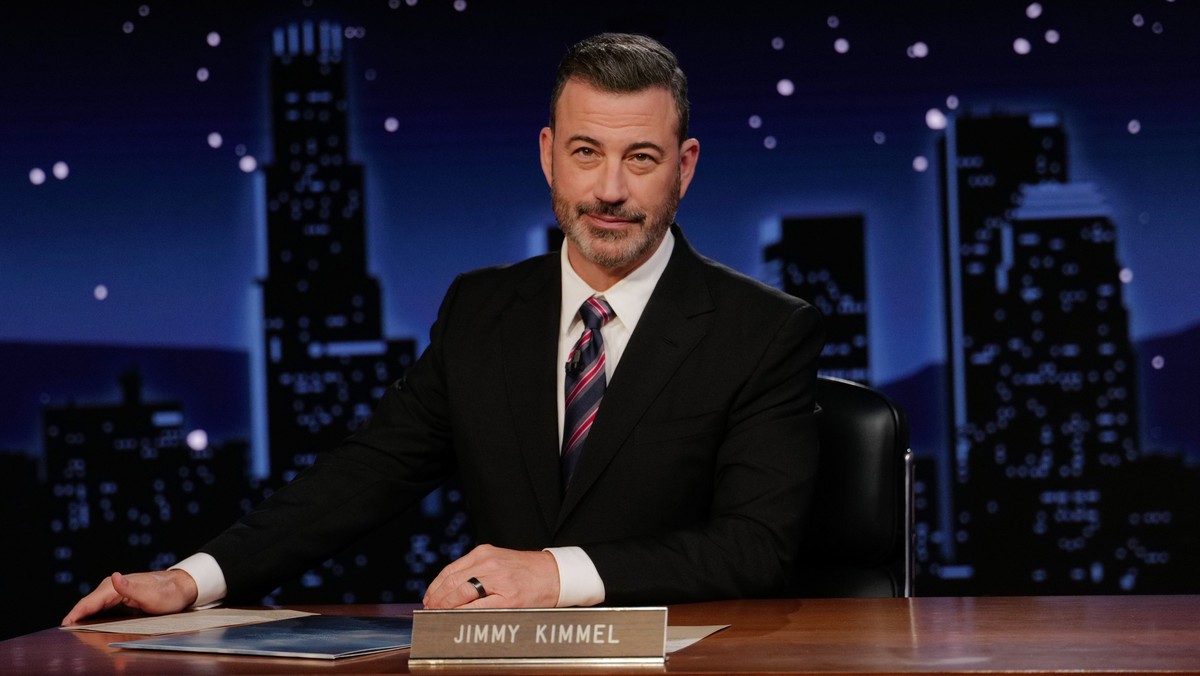 KEYPIX - This image released by Disney shows Jimmy Kimmel hosting his late night show "Jimmy Kimmel Live!" in Los Angeles on Tuesday, Sept. 23, 2025. (Randy Holmes/Disney via AP)