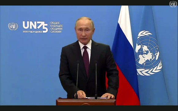In this image made from UNTV video, Russian President Vladimir Putin, speaks in a pre-recorded message which was played during the 75th session of the United Nations General Assembly, Tuesday, Sept. 2 ...