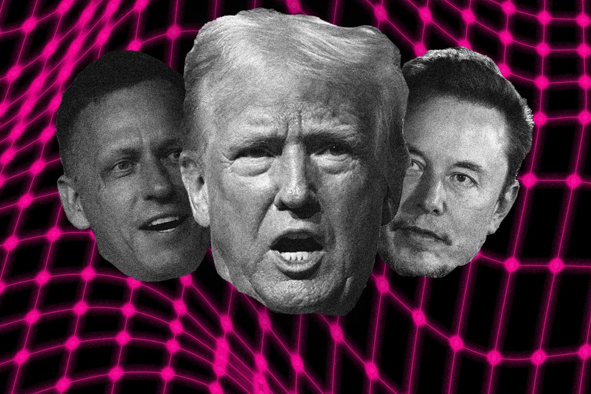 Donald Trump und die Tech-Oligarchen Elon Musk und Peter Thiel. Was wollen die Tech-Oligarchen von Trump? Die Köpfe von Peter Thiel und Elon Musk im Hintergrund mit Donald Trump im Vordergrund