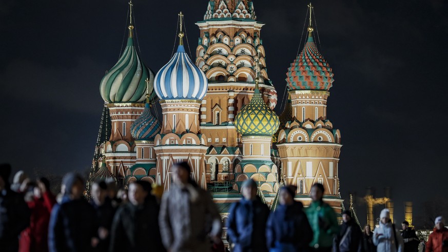 epa10543197 A view of the illuminated Saint Basil Cathedral at the Red Square in Moscow, Russia, 25 March 2023. The Kremlin decided not to participate in the Earth Hour action this year, Kremlin spoke ...