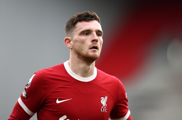 epa10880929 Andrew Robertson of Liverpool in action during the English Premier League soccer match between Liverpool FC and West Ham United in Liverpool, Britain, 24 September 2023. EPA/ADAM VAUGHAN E ...