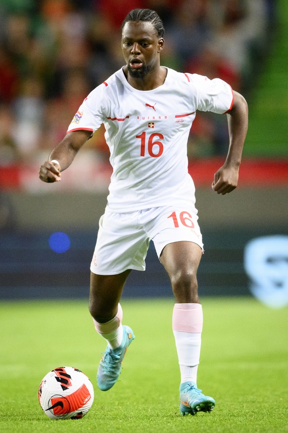 Switzerland&#039;s defender Jordan Lotomba runs with the ball during the UEFA Nations League group A2 soccer match between Portugal and Switzerland at the Estadio Jose Alvalade stadium, in Lisbon, Por ...