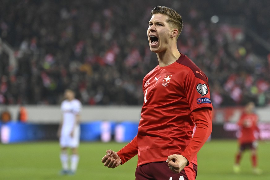 Switzerland's forward Cedric Itten celebrates his cancelled goal after scoring the 3 - 0 during the 2022 FIFA World Cup European Qualifying Group C match between Switzerland and Bulgaria at the S ...
