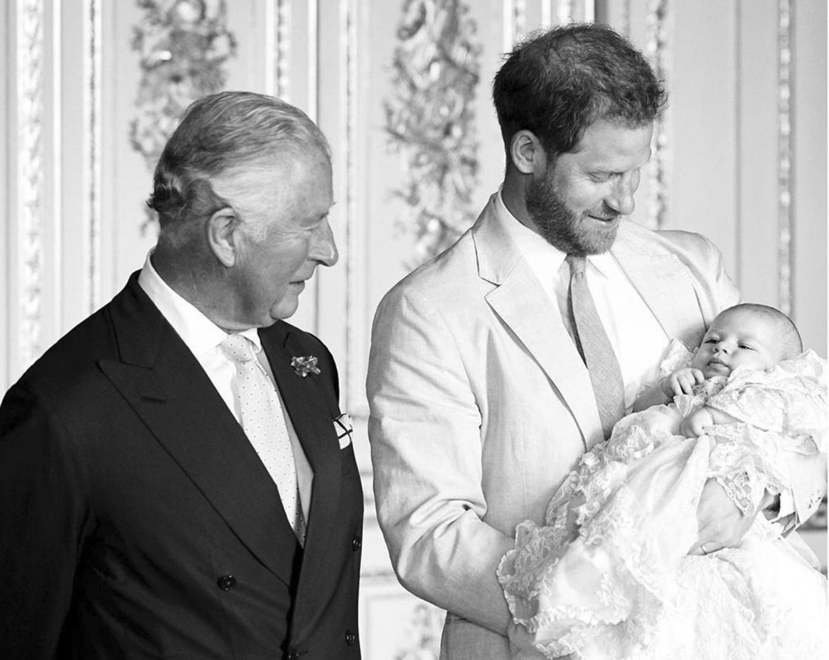 Screengrab photo taken from the Instagram feed of Sussex Royal, part of a B/W photo showing, left to right, Britain's Prince Charles with Prince Harry and his son Archie, which was posted Thursda ...