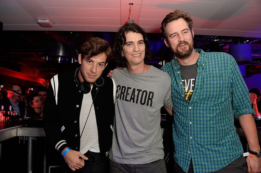 LONDON, ENGLAND - NOVEMBER 11: Mark Ronson, Adam Neumann Co-founder and CEO of we work and Miguel McKelvey - Chief Creative Officer of we work attend the WeWork London launch party on November 11, 201 ...