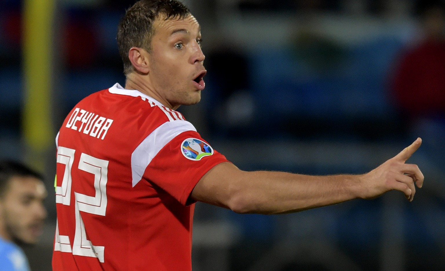 Russia&#039;s Artem Dzyuba reacts during the Euro 2020 group I qualifying soccer match between San Marino and Russia, in San Marino, Tuesday, Nov. 19, 2019. (AP Photo/Marco Vasini)