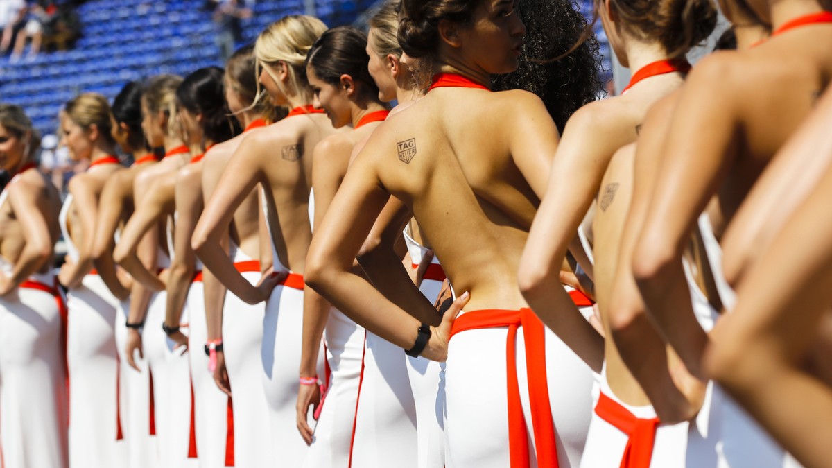 FILE - In this file photo dated Saturday, May 27, 2017, so called "grid girls" line up after the qualifying session for the Formula One Grand Prix at the Monaco racetrack in Monaco. Formula  ...