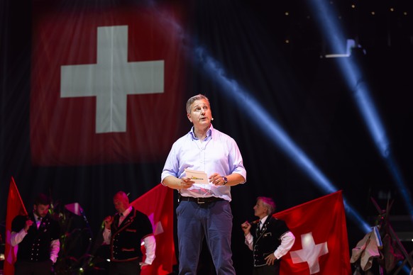 Parteipraesident Marco Chiesa spricht beim Wahlauftakt Anlass der SVP Schweiz in der Swiss Life Arena, am Samstag, 26. August 2023 in Zuerich. (KEYSTONE/Michael Buholzer)