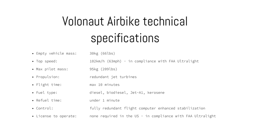 Technische Spezifikationen des «Volonaut Airbike». Screenshot volonaut.com