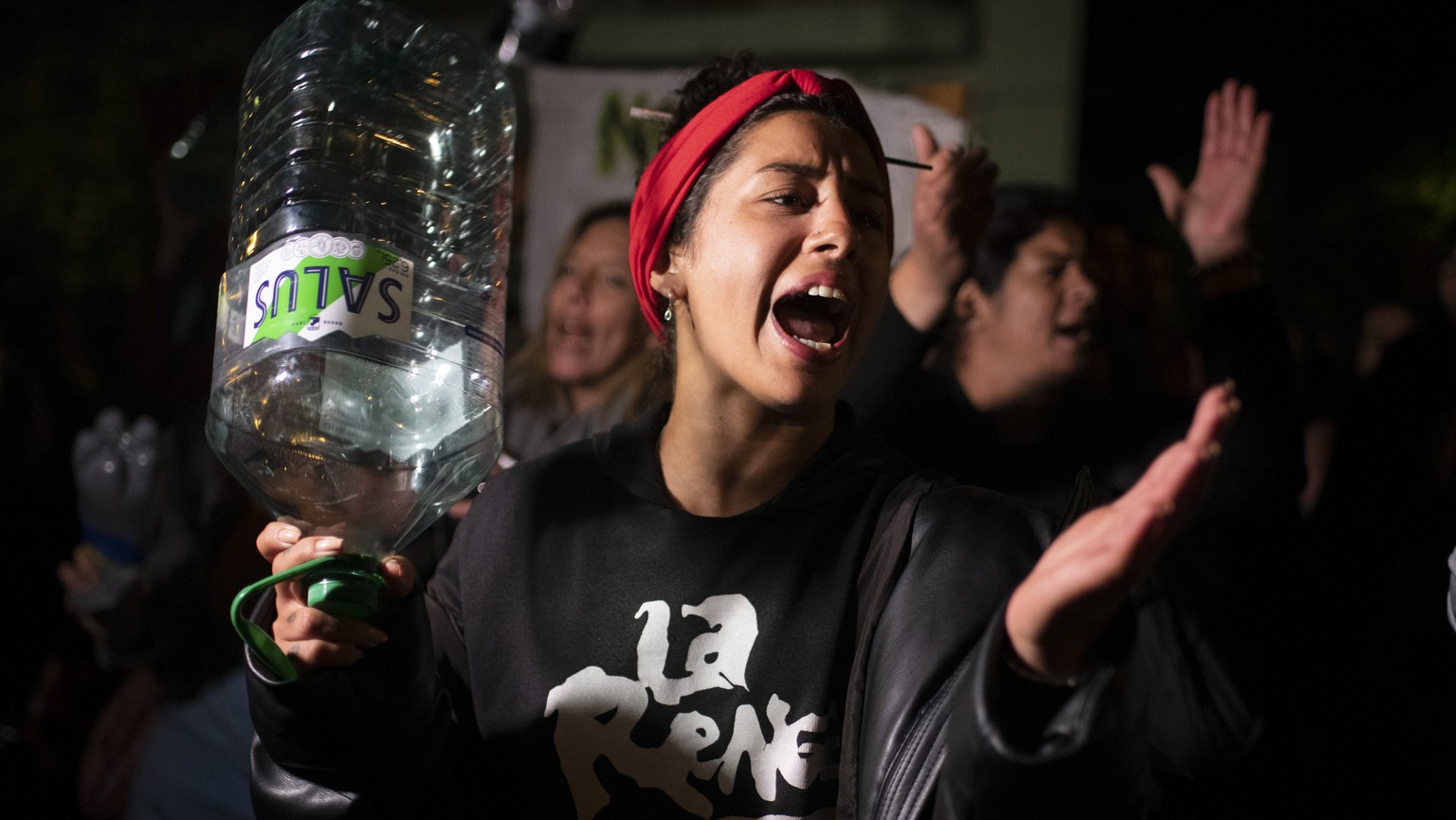 A demonstrator protests against the lack of potable water in Montevideo, Uruguay, Monday, May 15, 2023. The ongoing drought in Uruguay has led to a significant salinization of drinking water in Montev ...