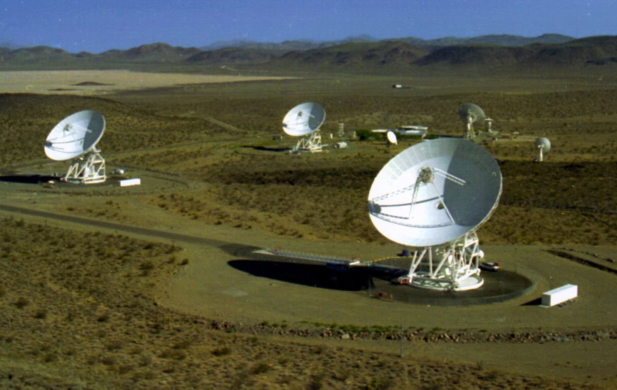 FILE--Three 34m (112 ft.) diameter Beam Waveguide antennas, seen in this undated handout photo, are located in the Goldstone Deep Space Communications Complex in the Mojave Desert, Calif. Goldstone is ...