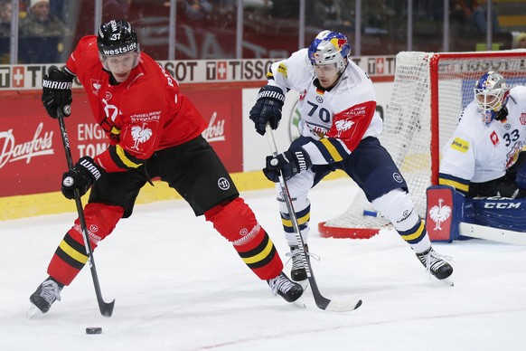 Bern&#039;s Mika Pyoeraelae, left, and Munich&#039;s Maximilian Daubner, right, fight for the puck next to Munich&#039;s goalkeeper Danny Aus den Birken, during the Champions Hockey League round of 16 ...