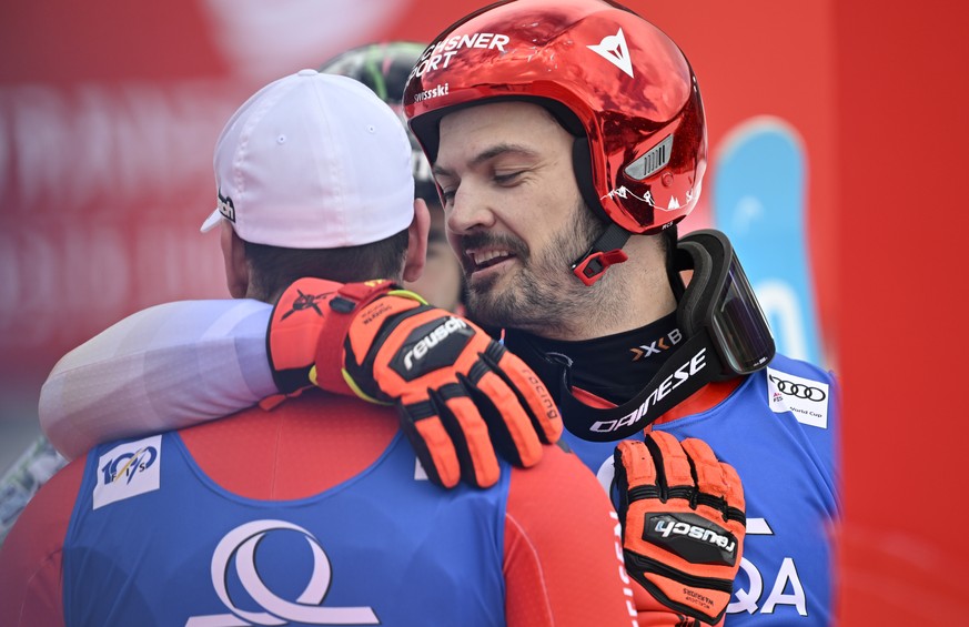 Loic Meillard of Switzerland, right, and Thomas Tumler of Switzerland react during the second run of the men&#039;s giant slalom race at the FIS Alpine Skiing World Cup finals in Saalbach-Hinterglemm, ...