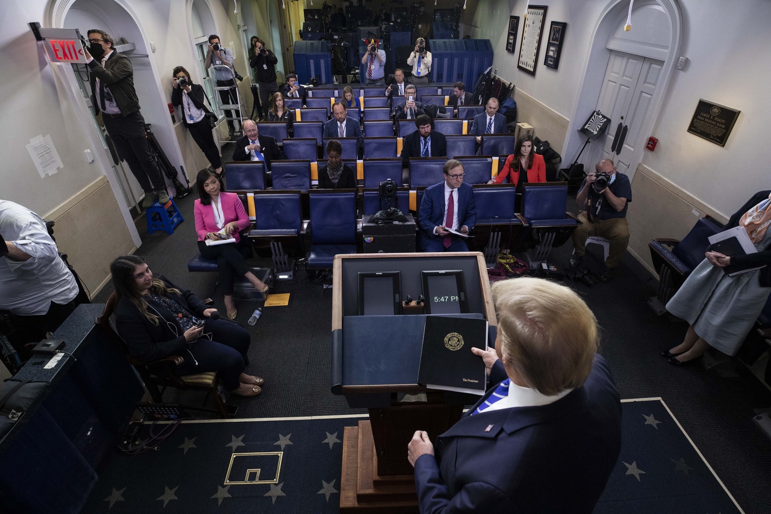 President Donald Trump arrives to speak about the coronavirus in the James Brady Press Briefing Room of the White House, Thursday, April 23, 2020, in Washington. (AP Photo/Alex Brandon)
Donald Trump