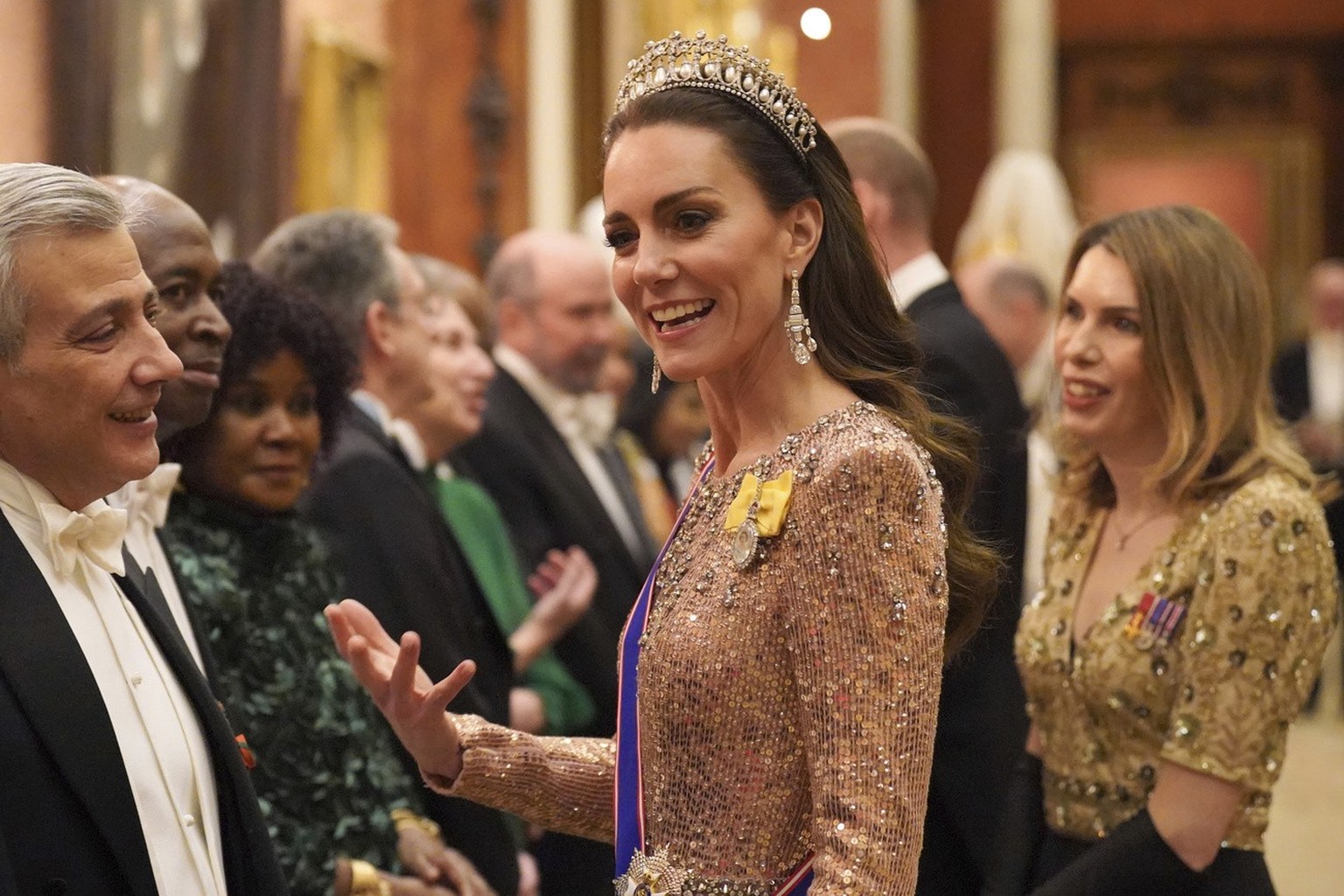 Britain&#039;s Kate, Princess of Wales attends an evening reception for members of the Diplomatic Corps at Buckingham Palace in London, Tuesday Dec. 5, 2023. (Jonathan Brady/Pool via AP)