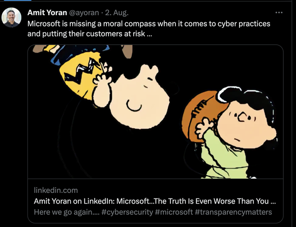 Der Tenable-Geschäftsführer zeigte sich bei Twitter desillusioniert: «Microsoft fehlt ein moralischer Kompass, wenn es um Cyber-Praktiken und die Gefährdung seiner Kunden geht …»