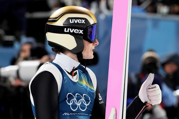 epa12721183 Felix Trunz of Switzerland competes in the Men's Normal Hill of the Ski Jumping competitions at the Milano Cortina 2026 Winter Olympic Games, in Predazzo, Italy, 09 February 2026. EPA ...