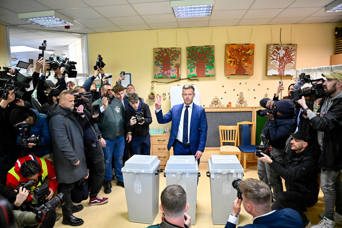 Peter Magyar, leader of the opposition Tisza party, reacts after casting his ballot at a polling station in Budapest, Hungary, Sunday, April 12, 2026. (AP Photo/Denes Erdos)
Peter Magyar