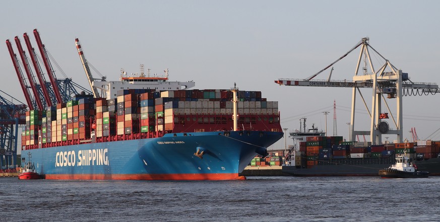 A container ship of the Chinese group Cosco is maneuvered to the container terminal at Tollerort in Hamburg, northern Germany.