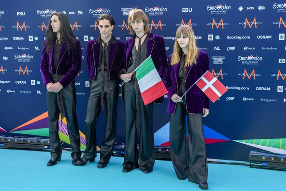 epa09204856 Maneskin from Italy arrive on the Turquoise Carpet for the Opening Ceremony of the 65th annual Eurovision Song Contest (ESC) at the Rotterdam Cruise Terminal, in Rotterdam, The Netherlands ...