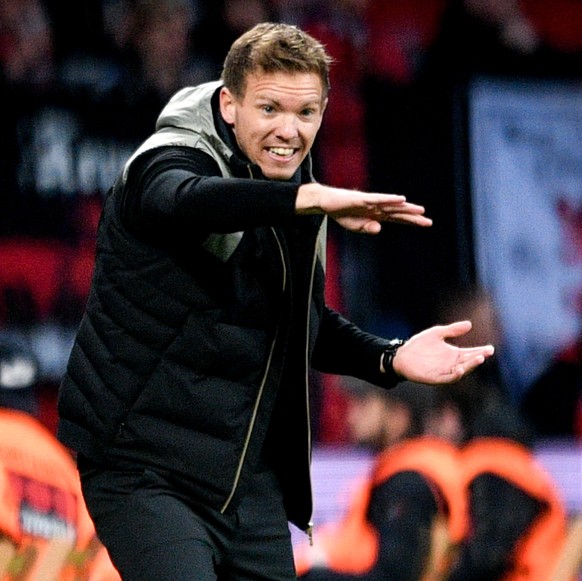 epa07139073 Hoffenheim&#039;s head coach Julian Nagelsmann reacts during the German Bundesliga soccer match between Bayer Leverkusen and TSG 1899 Hoffenheim in Leverkusen, Germany, 03 November 2018. E ...