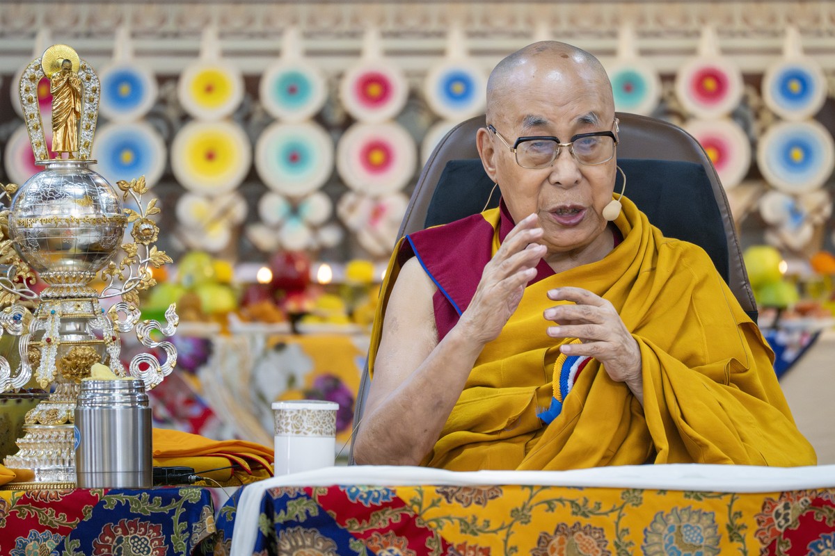 Tibetan spiritual leader the Dalai Lama speaks at an event celebrating his 90th birthday according to a Tibetan calendar in Dharamshala, India, Monday, June 30, 2025, ahead of his birthday according t ...