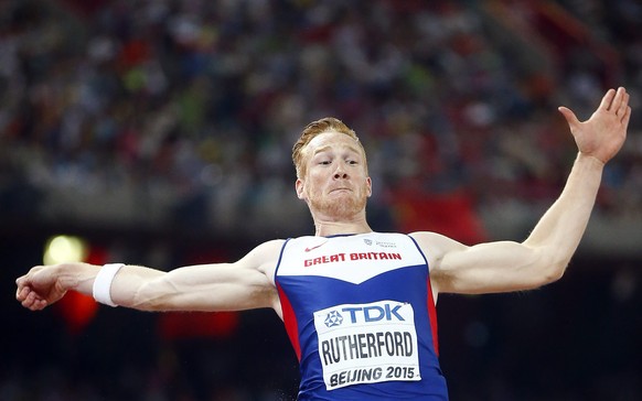 epa04897369 Britain&#039;s Greg Rutherford competes in the men&#039;s Long Jump final during the Beijing 2015 IAAF World Championships at the National Stadium, also known as Bird&#039;s Nest, in Beiji ...