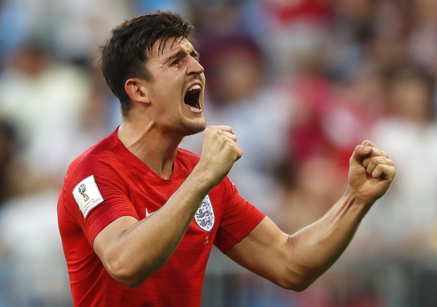England&#039;s Harry Maguire celebrates victory of his team over Sweden during the quarterfinal match between Sweden and England at the 2018 soccer World Cup in the Samara Arena, in Samara, Russia, Sa ...