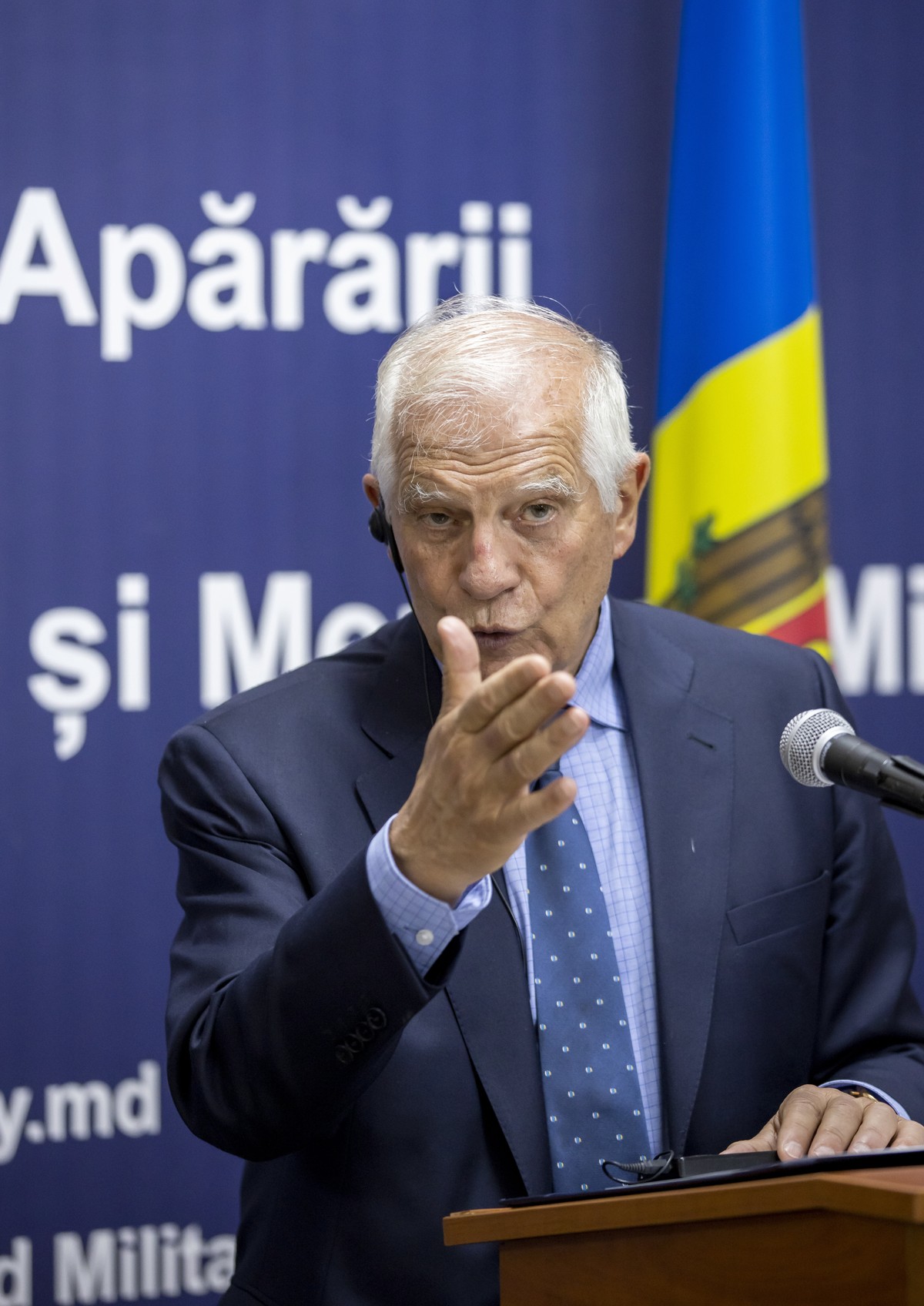 epa10665856 EU's High Representative of the Union for Foreign Affairs and Security Policy Josep Borell delivers his speech at a press conference after the ceremony of donating of the first batch  ...
