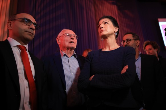 epa11919059 BSW party chairwoman and top candidate Sahra Wagenknecht (C) looks on during the Sahra Wagenknecht Alliance (BSW) election event in Berlin, Germany, 23 February 2025. About 60 million Germ ...