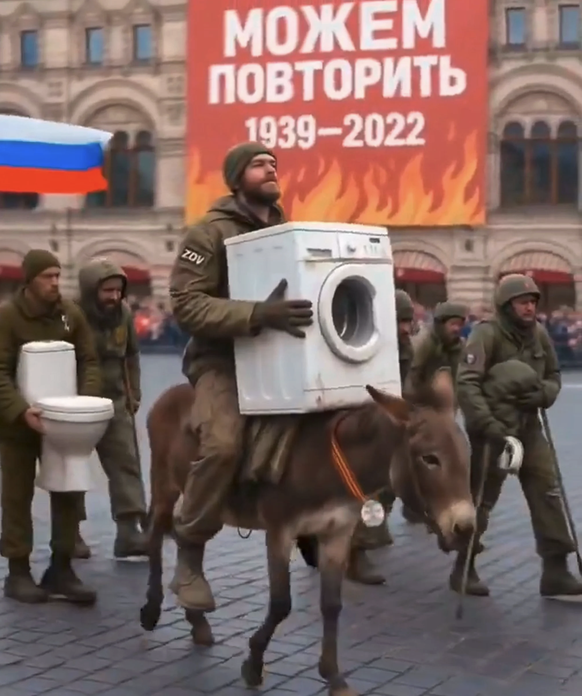 Ein typisches Motiv der ukrainischen Propaganda: Abgehalfterte russische Plünderer statt stolzer Krieger an der Moskauer Maiparade.