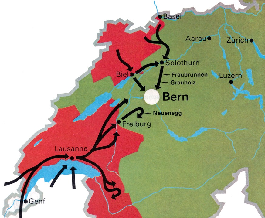 Vormarsch der französischen Truppen aus dem Raum Basel/Jura und Genf im Februar und März 1798.