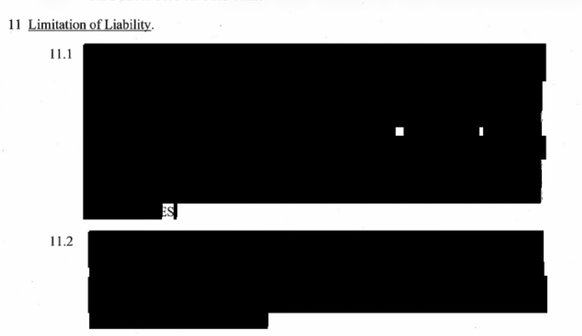 Auszug aus dem Vertrag des Bundes mit dem Hersteller Novavax: Die Ausführungen zum Thema Haftungsbegrenzung sind geschwärzt.