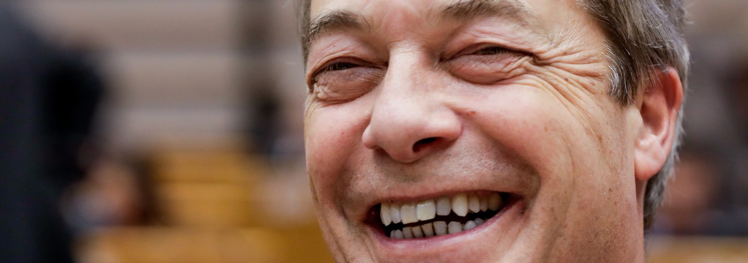 epa07331798 Nigel Farage, British Member of the European Parliament and former leader of the British Independence Party (UKIP) attends a plenary session at the European Parliament in Brussels, Belgium ...