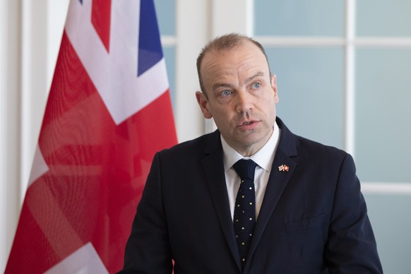 epa07396802 Christopher Heaton-Harris, British Parliamentary Secretary of State, speaks after signing an agreement with Swiss State Secretary Mario Gattiker (unseen) about the civil rights after the B ...