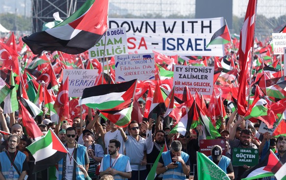 epa10920303 Pro-Palestine protesters shout slogans and hold Palestinian and Turkish flags as they take part in a rally in support of the Palestinian people in Istanbul, Turkey, 15 October 2023. Thousa ...