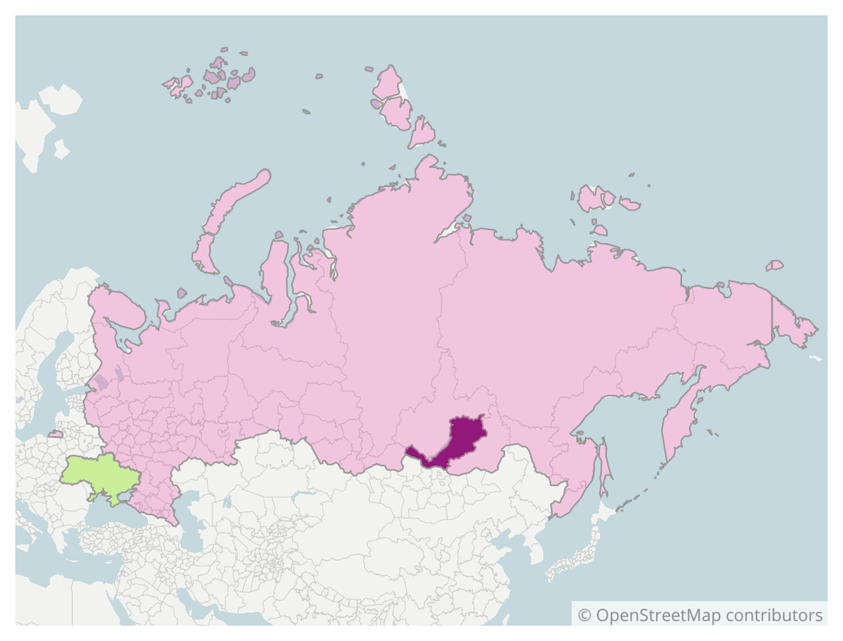 La République de Bouriatie (en violet) et, en vert l'Ukraine.
