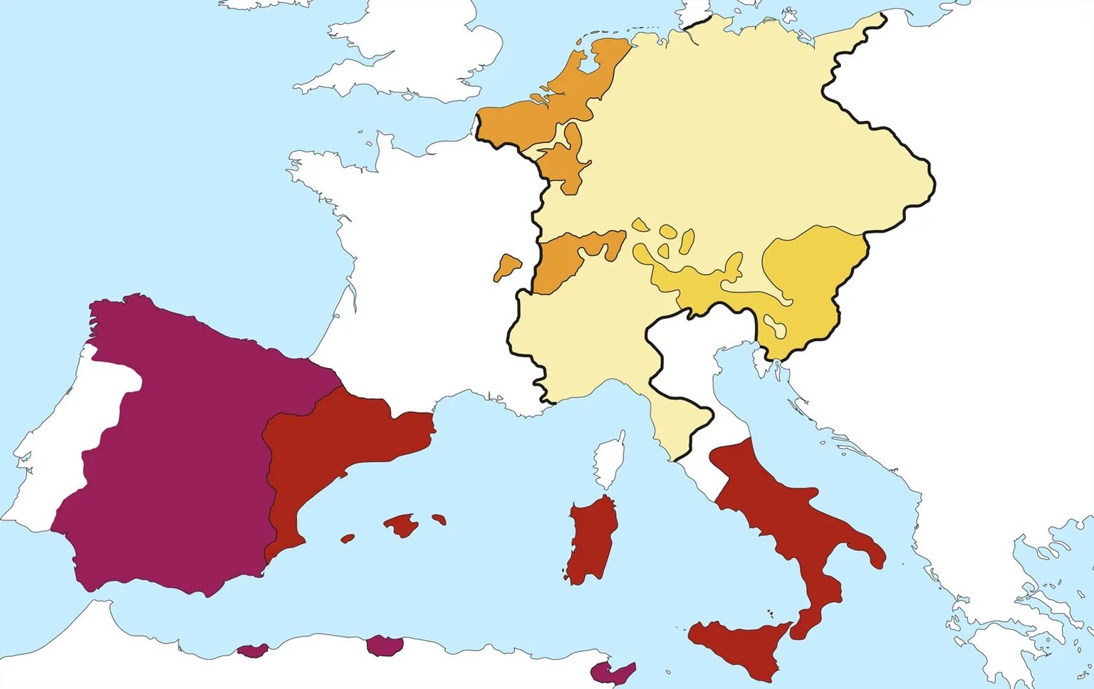 Die eingefärbten Gebiete zeigen den europäischen Herrschaftsbereich (Kastilien, Aragon, Neapel, die burgundischen Besitzungen, die Österreichischen Erblande und das Heilige Römische Reich) von Karl V. ...