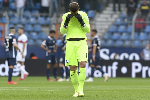 Bochum goalkeeper Manuel Riemann reacts during the Bundesliga soccer match against Stuttgart, at the Vonovia Ruhr stadium in Bochum, Germany, Sunday, Sept. 26, 2021. (Bernd Thissen/dpa via AP)