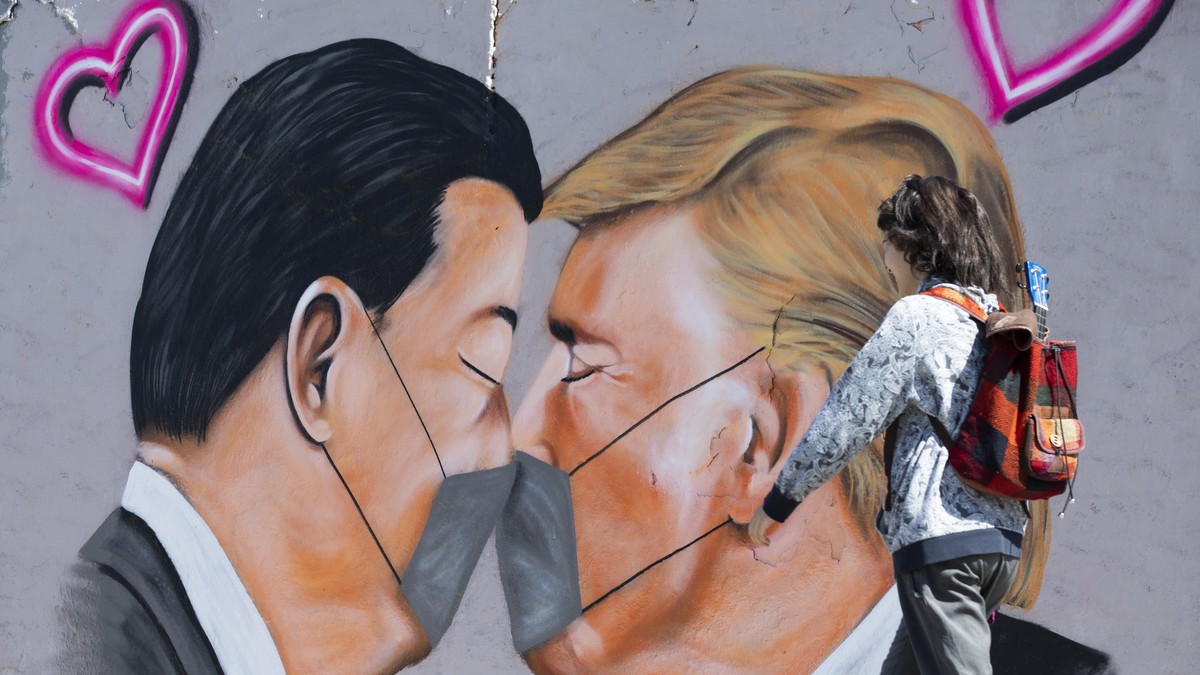 BERLIN, GERMANY - APRIL 27: Graffitis of U.S. President Donald Trump and President of the People's Republic of China Xi Jinping wearing face mask to draw attention to novel coronavirus (Covid-19) ...
