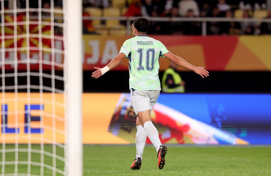 epa13265455 Zeki Amdouni of Switzerland celebrates after scoring the 0-3 goal during the UEFA Nations League soccer match between North Macedonia and Switzerland in Skopje, North Macedonia, 26 Septemb ...