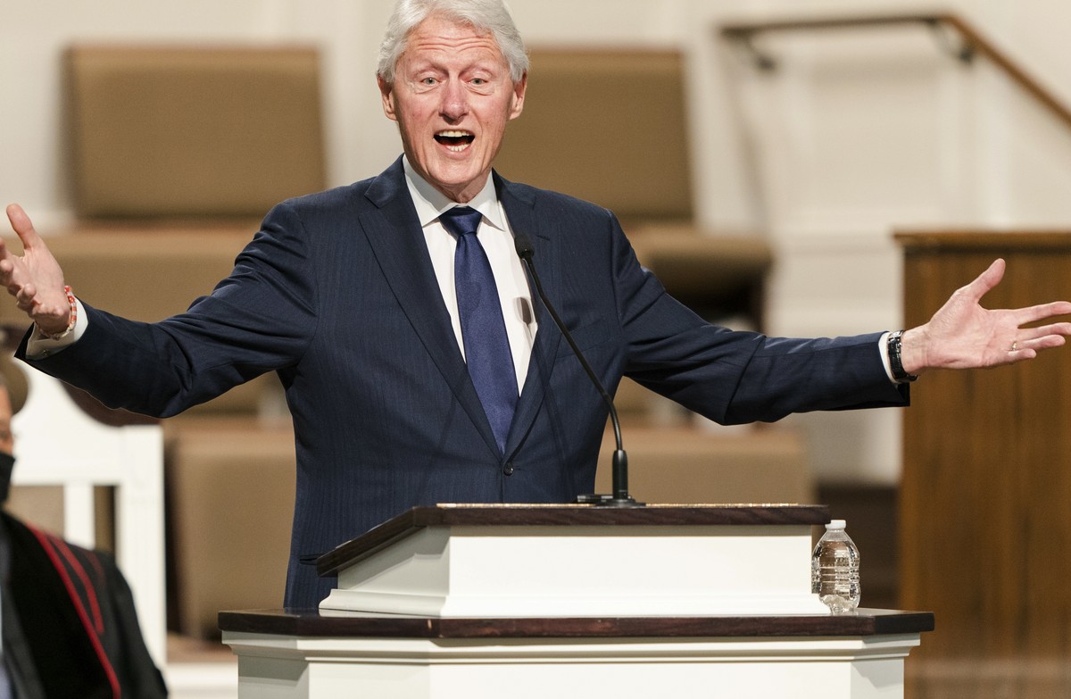 FILE - In this Jan. 27, 2021, file photo, former President Bill Clinton speaks during funeral services for Henry "Hank" Aaron, at Friendship Baptist Church in Atlanta. (Kevin D. Liles/Atlant ...