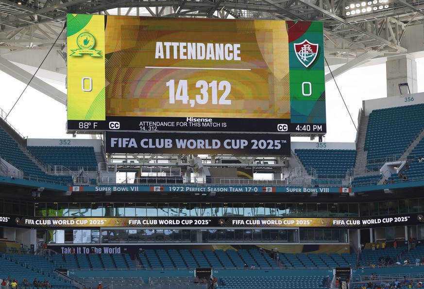Mamelodi Sundowns FC v Fluminense FC: Group F - FIFA Club World Cup 2025 Empty seats and Small attendance figure of 14,312 shown on scoreboard during the FIFA Club World Cup 2025 group F match between ...